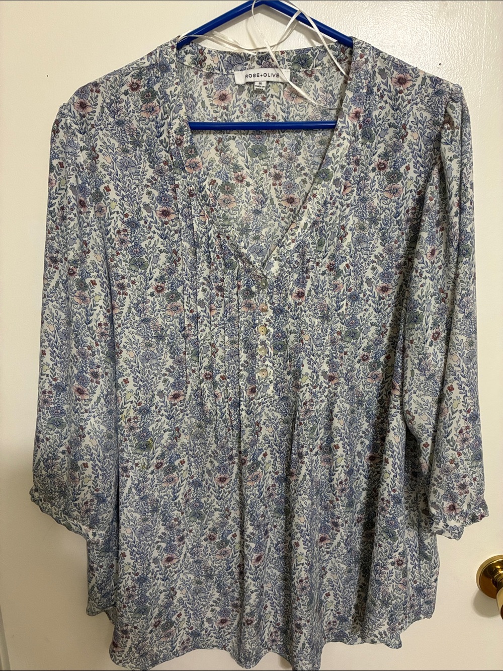 Rose & Olive Light Blue Floral Pintuck Button-Front Blouse